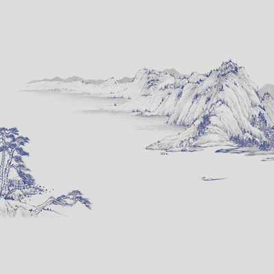  新中式 山水 富春山居图 刺绣壁纸 