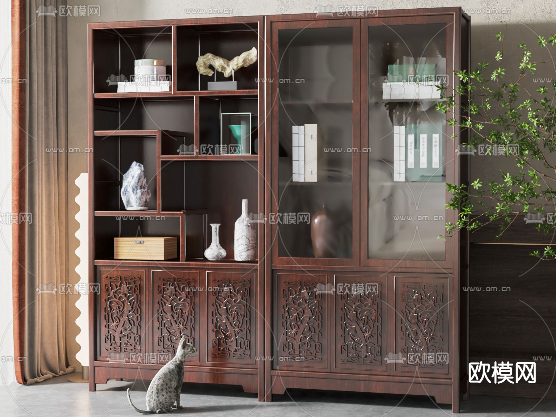 中式雕花书柜su模型下载（渲染图1）