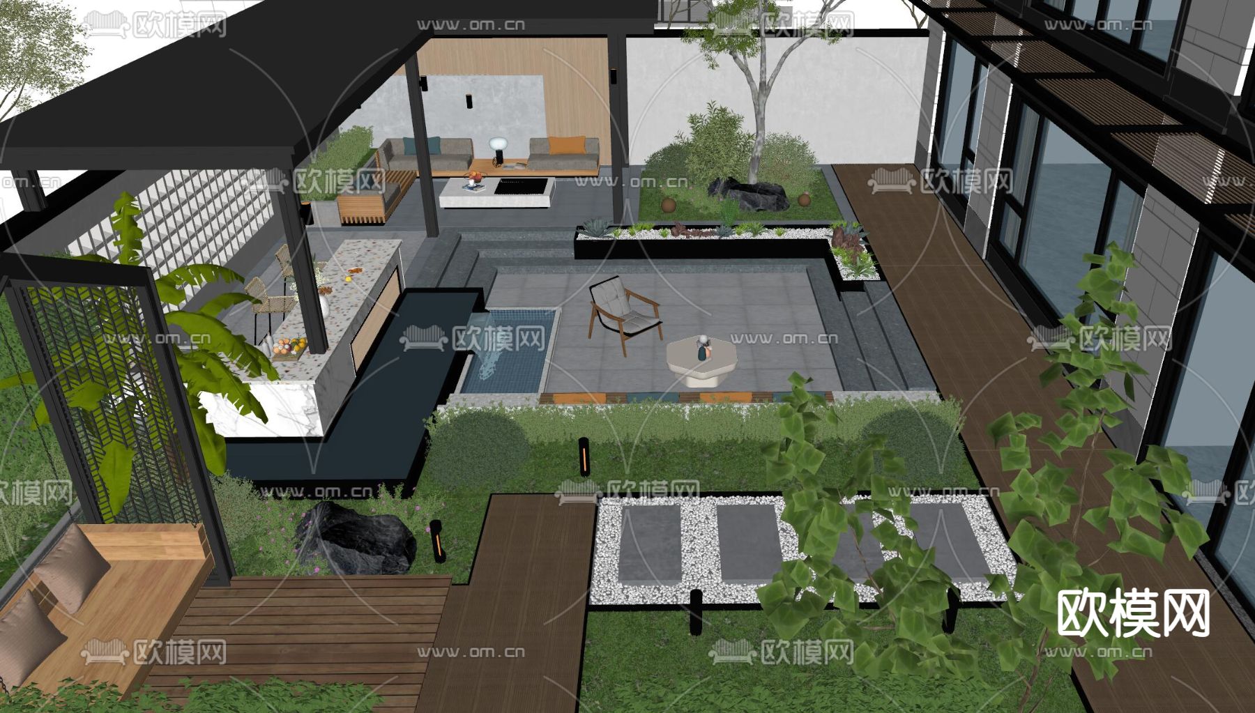 现代庭院景观su模型下载（渲染图3）