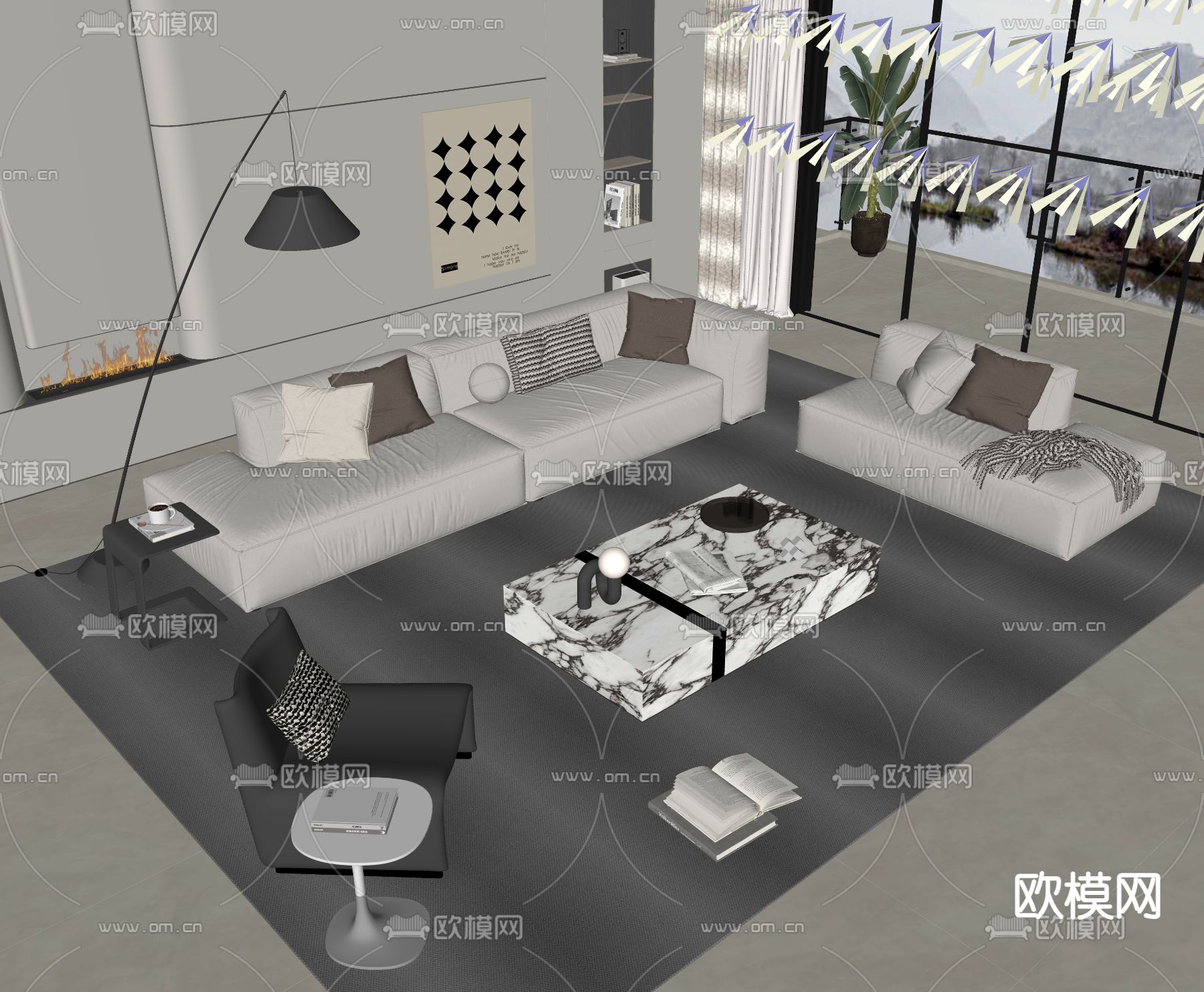 现代组合沙发su模型下载（渲染图2）
