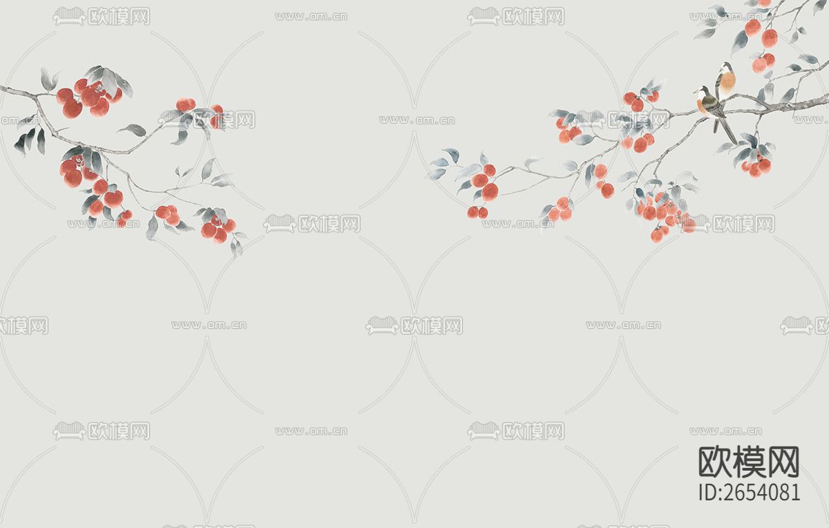 新中式 花鸟 果实 树枝壁纸下载（渲染图1）