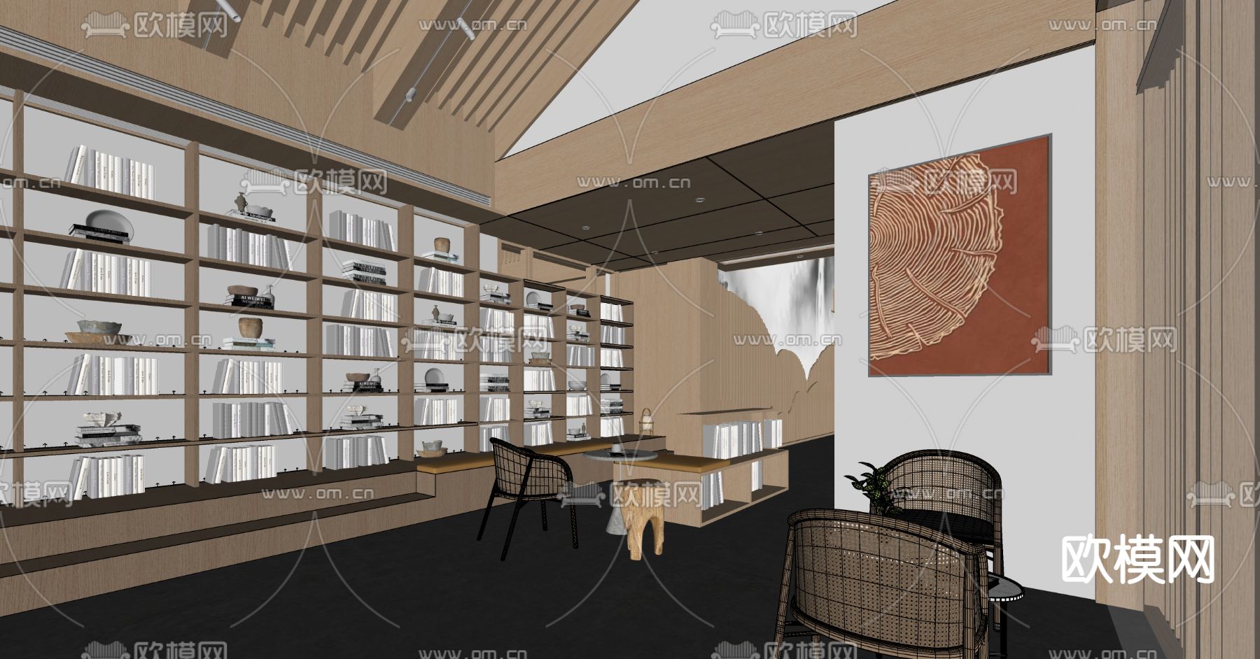 新中式图书馆 书店su模型下载（渲染图3）