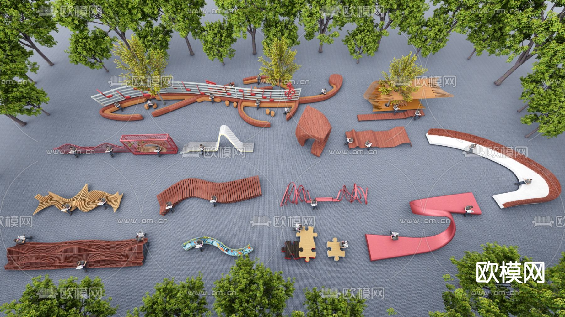 现代树池 景观座椅su模型下载（渲染图1）