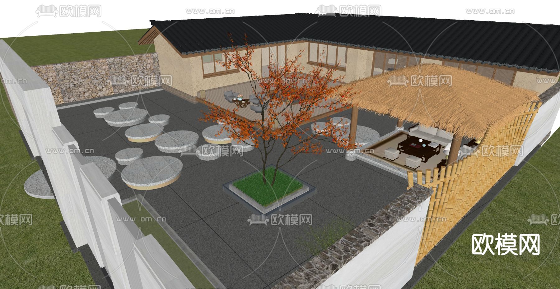 中式庭院花园su模型下载（渲染图3）