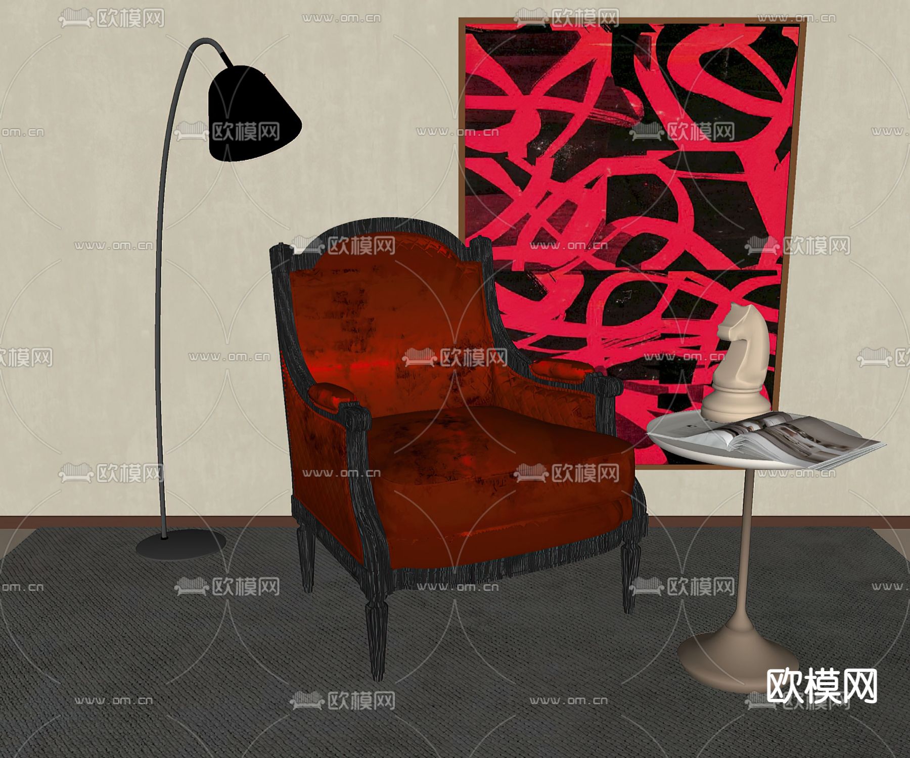 简欧单人沙发su模型下载（渲染图2）