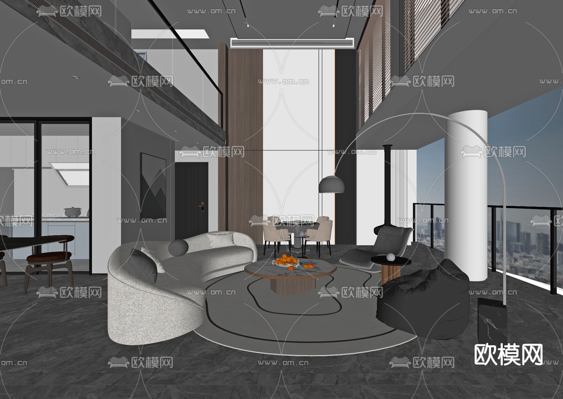 现代复式客厅su模型下载（渲染图2）