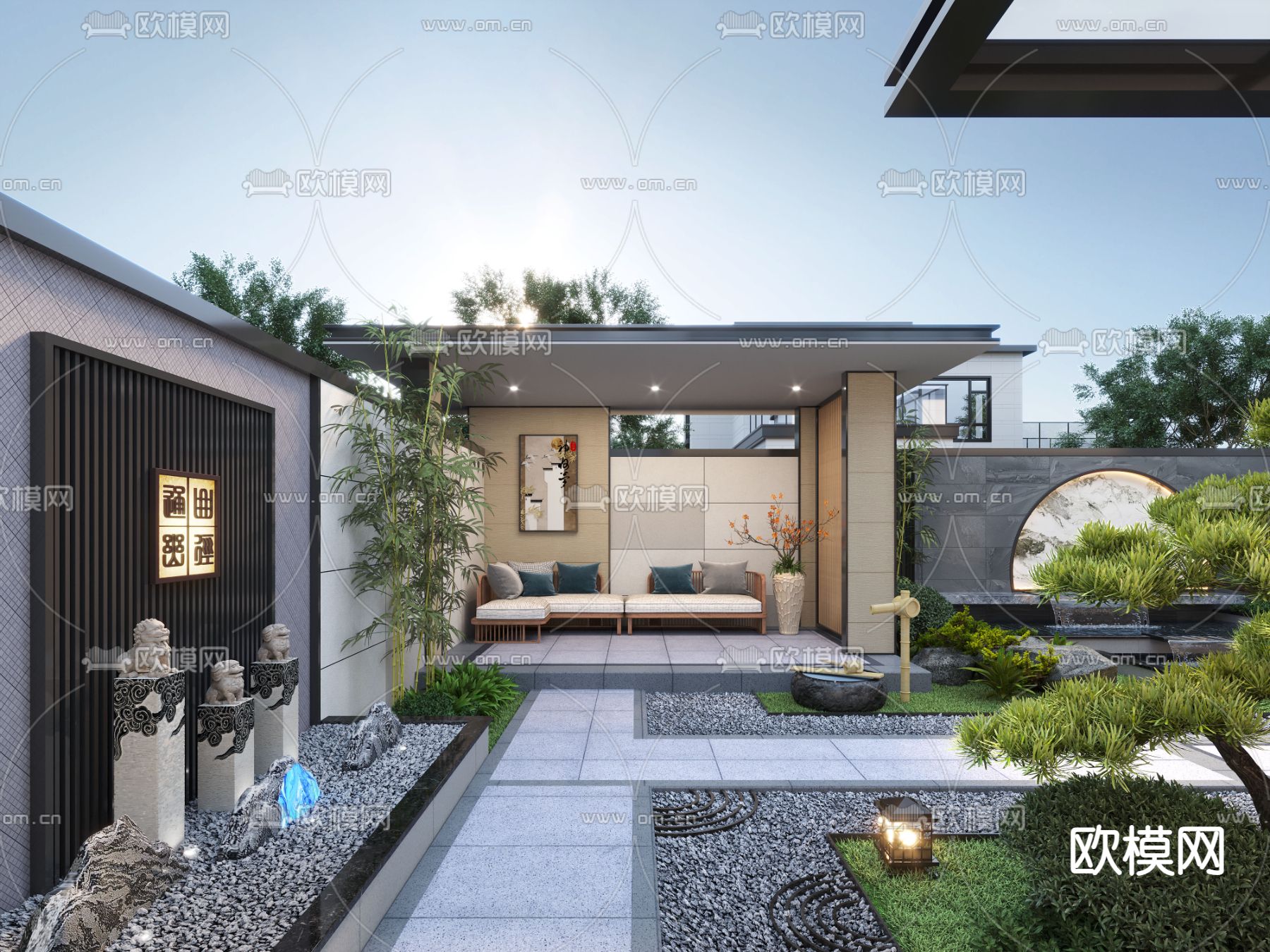 新中式庭院景观su模型下载（渲染图2）