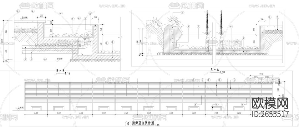 廣場(chǎng)花架cad施工圖下載(渲染圖4)