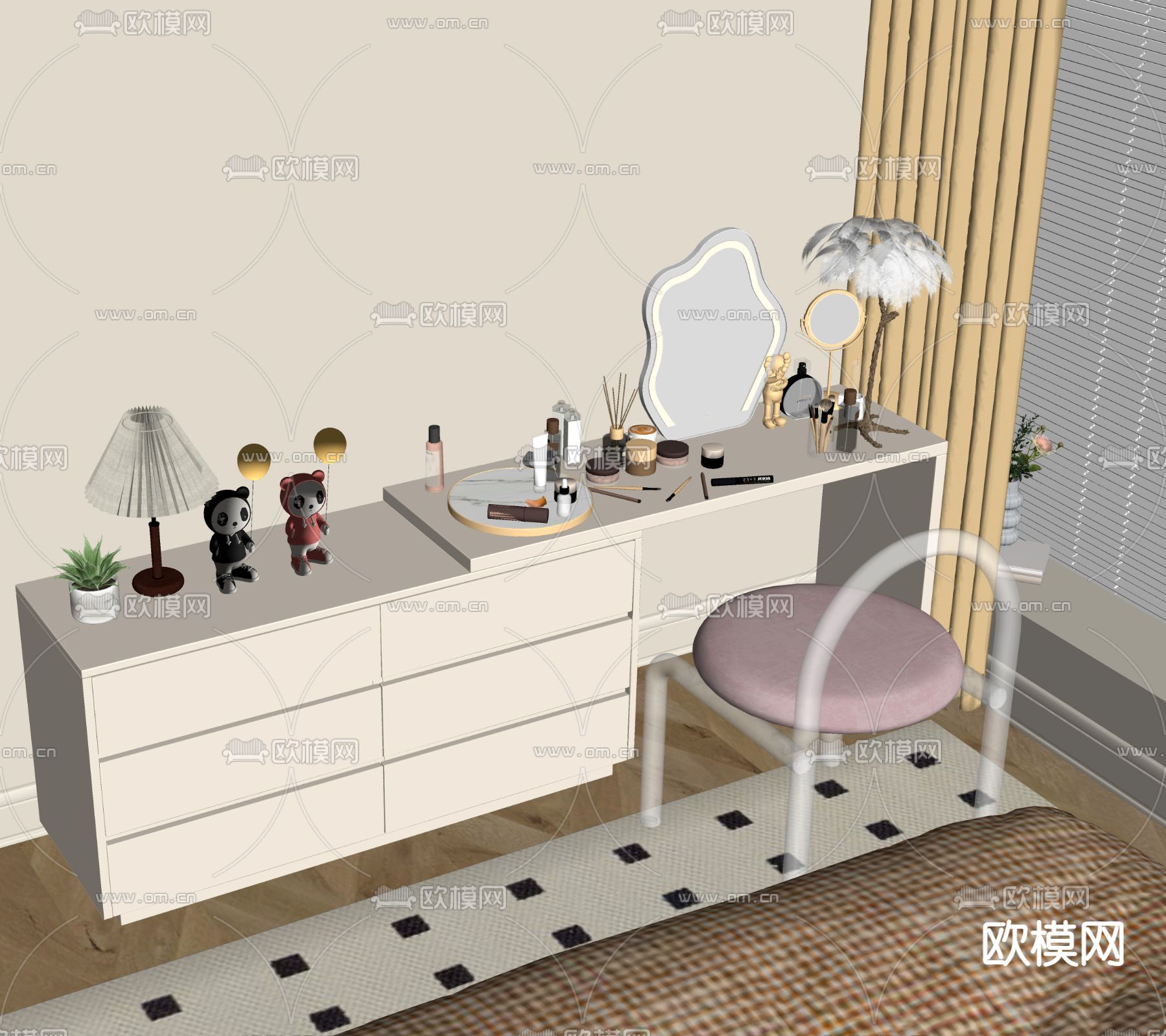 奶油风梳妆台su模型下载（渲染图2）