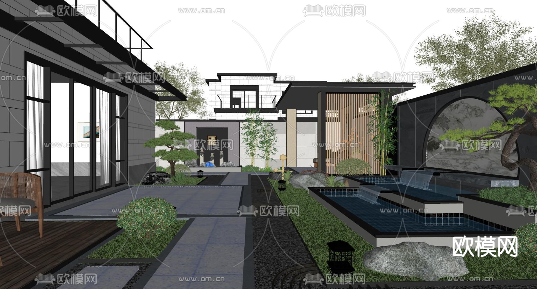 新中式庭院景观su模型下载（渲染图4）