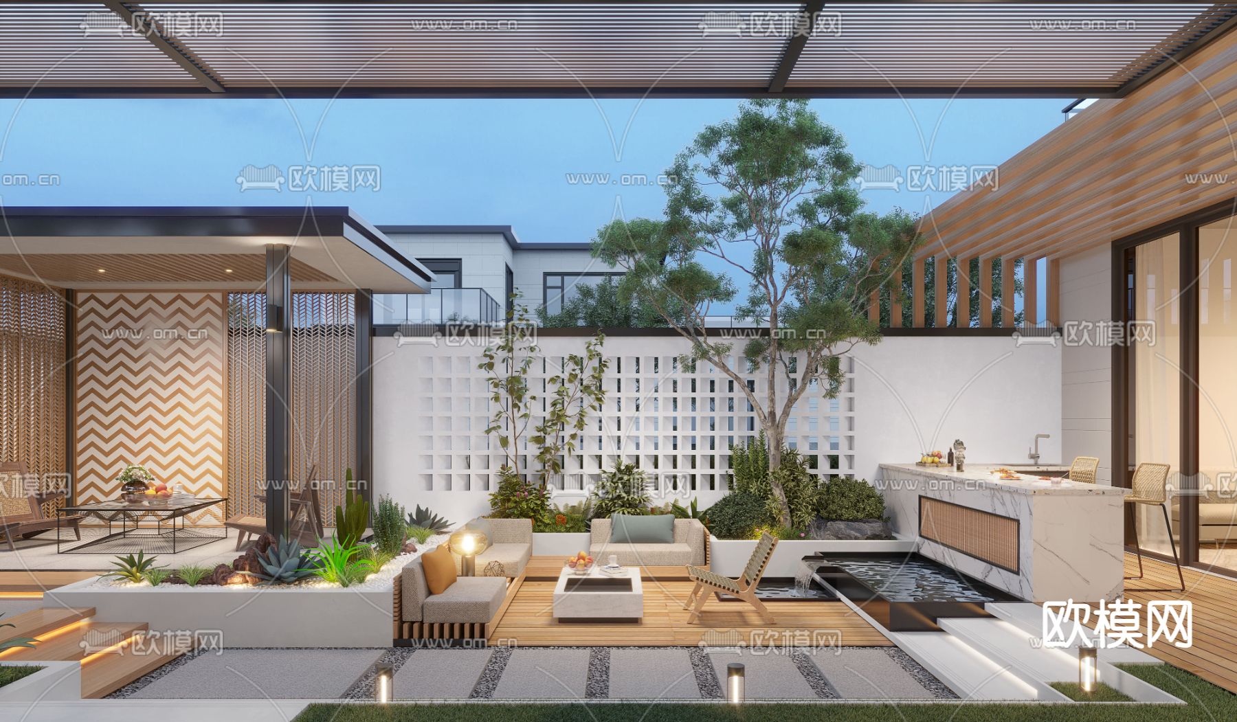 现代庭院景观su模型下载（渲染图1）