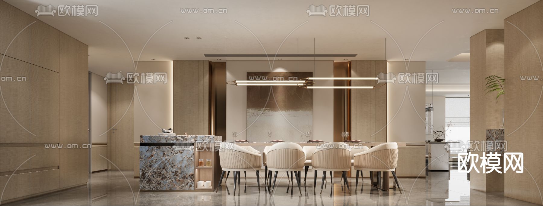 现代轻奢客餐厅su模型下载（渲染图3）