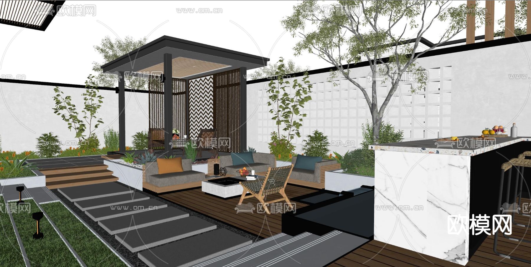 现代庭院景观su模型下载（渲染图4）