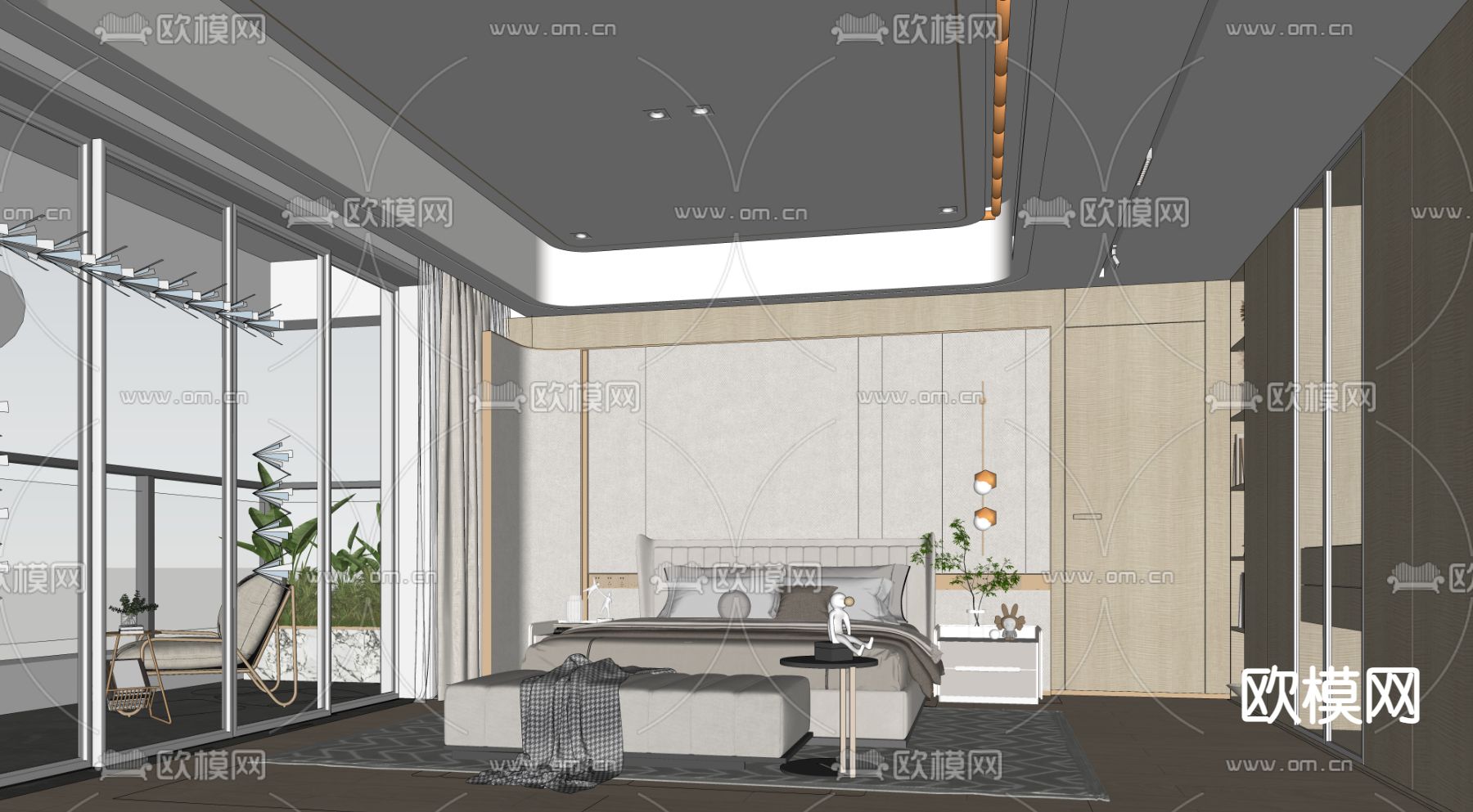 轻奢卧室su模型下载（渲染图2）