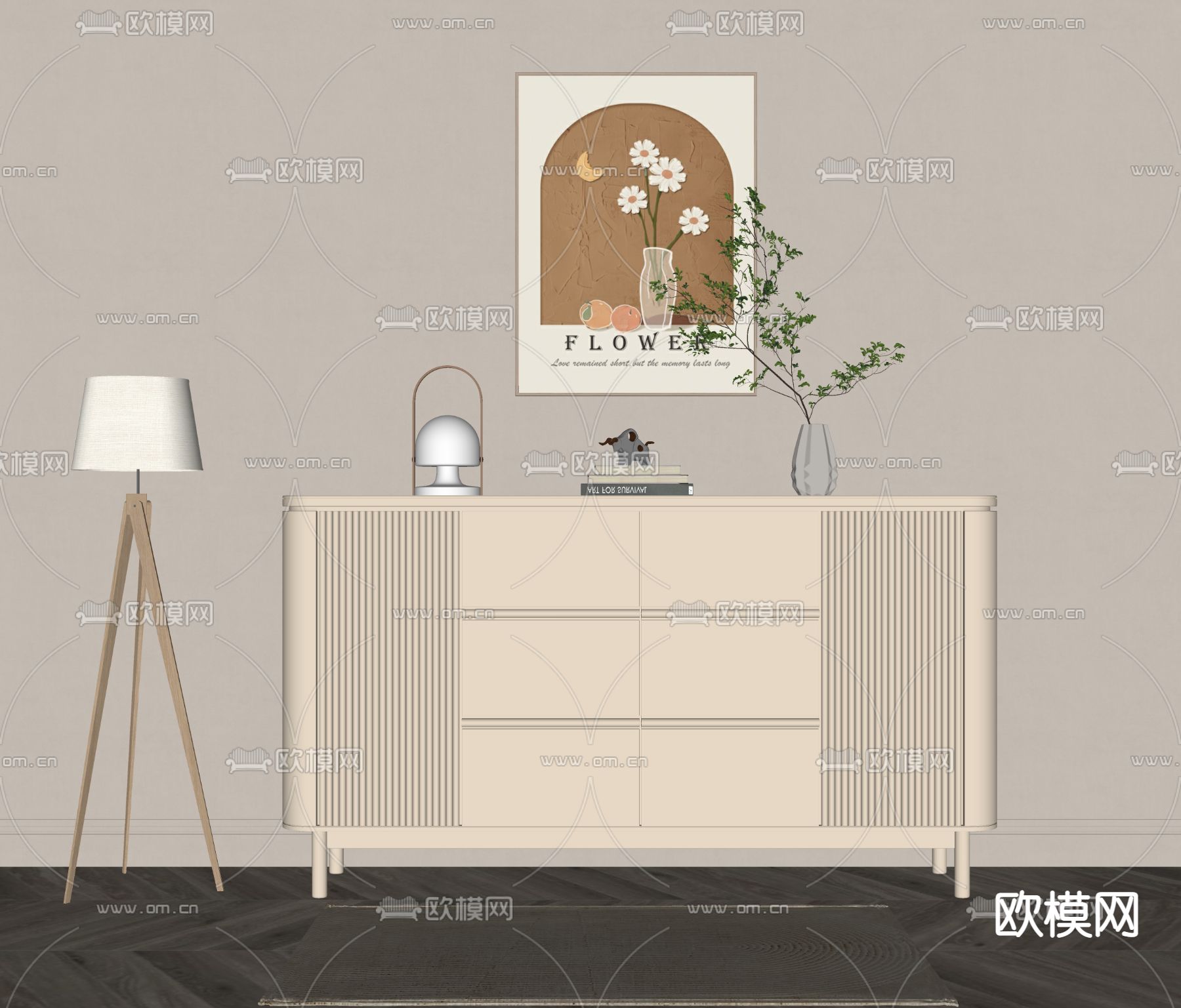 奶油风装饰柜su模型下载（渲染图2）