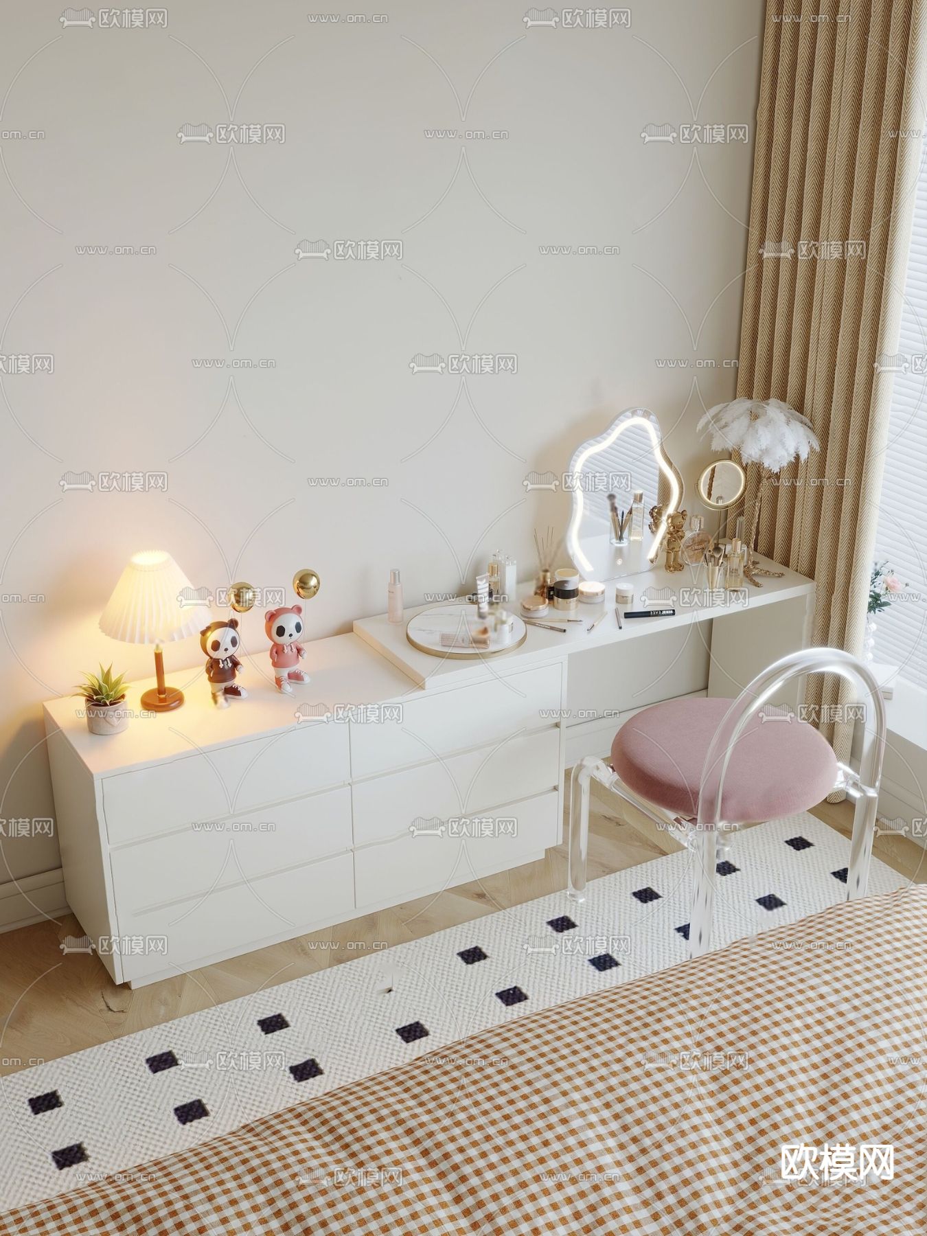 奶油风梳妆台su模型下载（渲染图1）