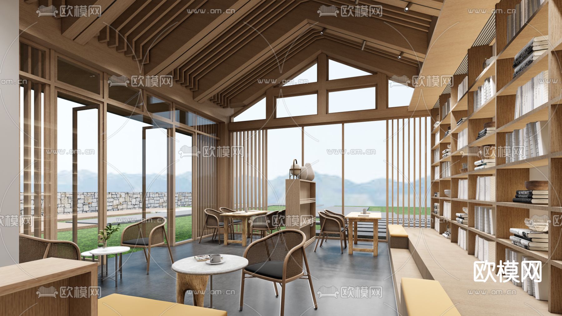新中式图书馆 书店su模型下载（渲染图2）