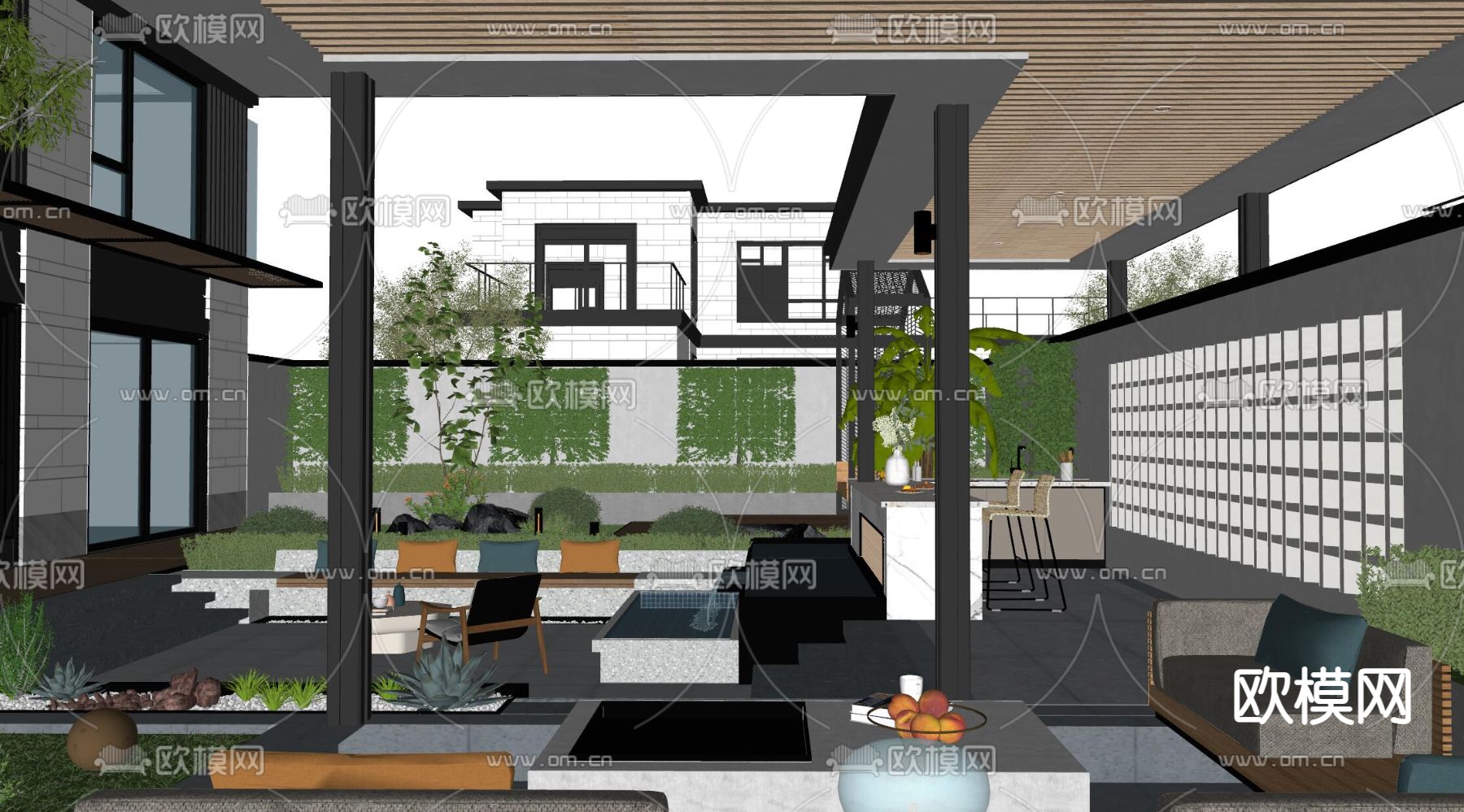 现代庭院景观su模型下载（渲染图5）