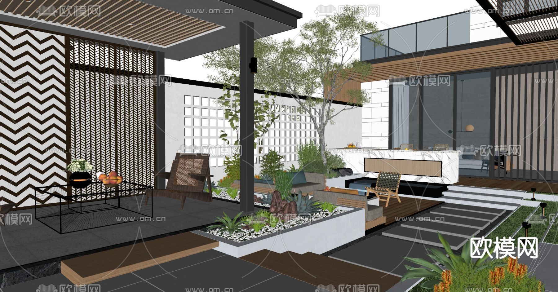 现代庭院景观su模型下载（渲染图2）