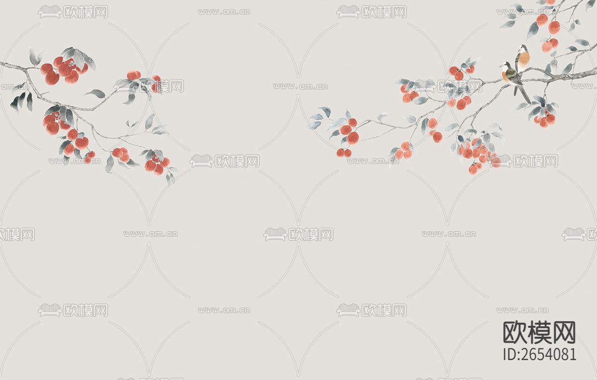 新中式 花鸟 果实 树枝壁纸下载（渲染图2）