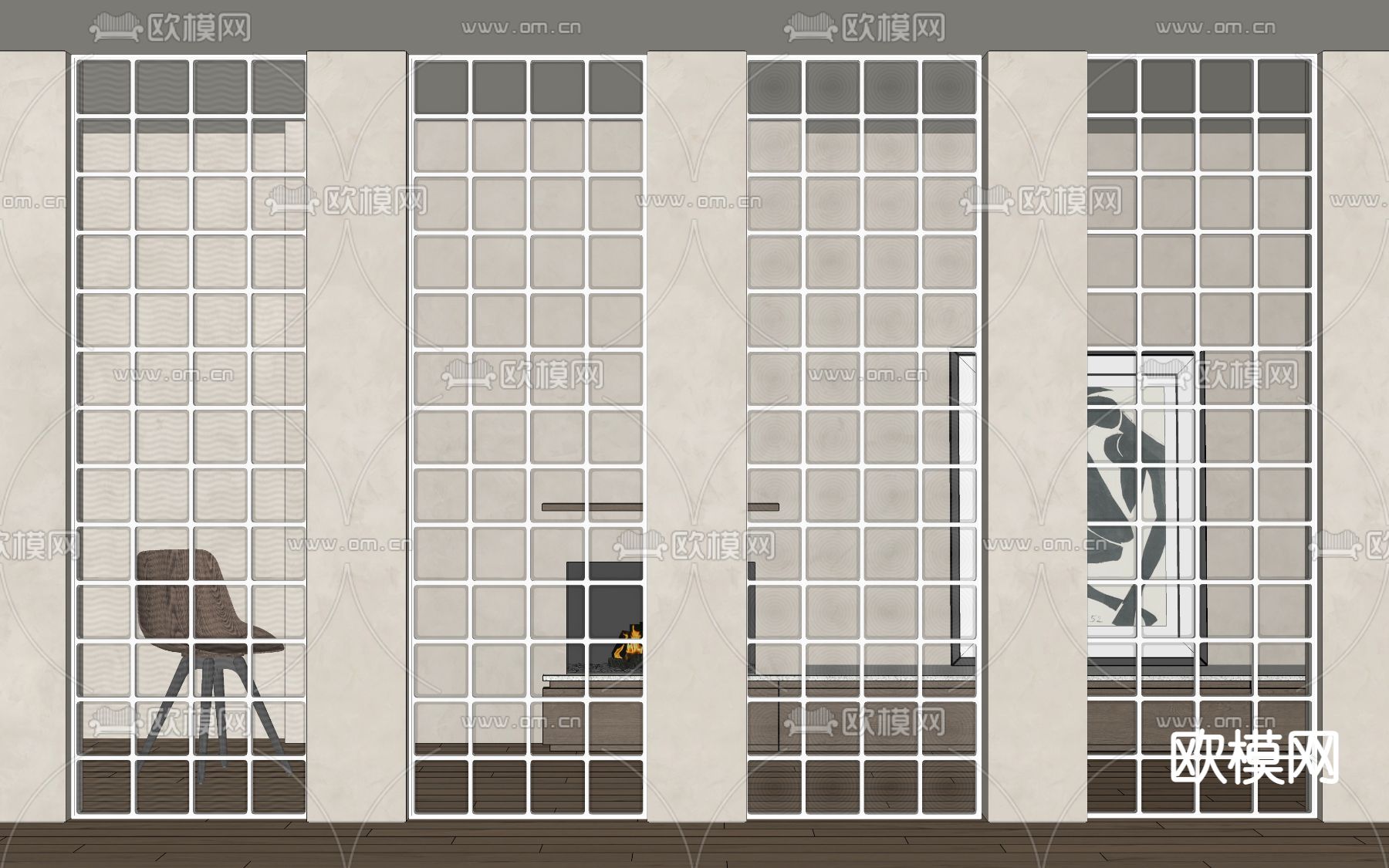 现代玻璃砖隔断 屏风su模型