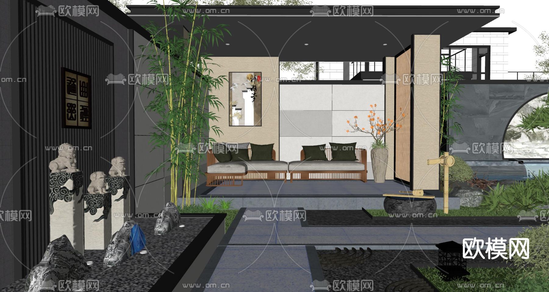 新中式庭院景观su模型下载（渲染图5）