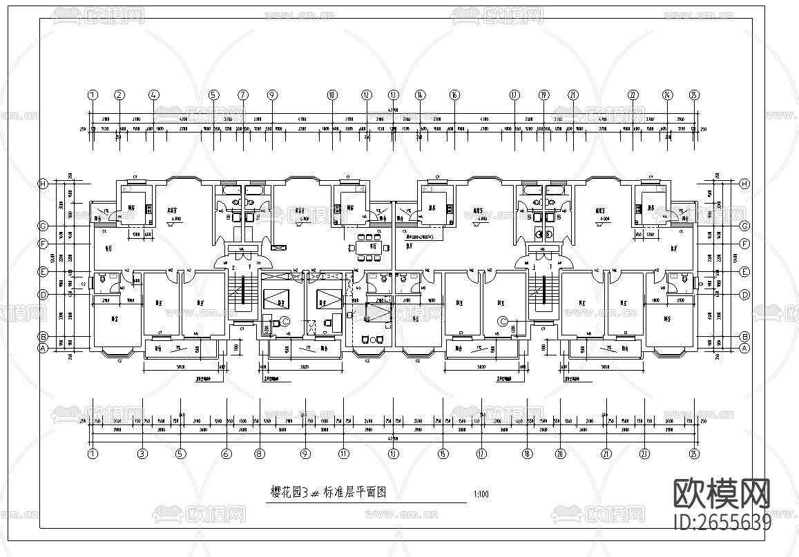 住宅楼建筑平面cad施工图下载（渲染图1）