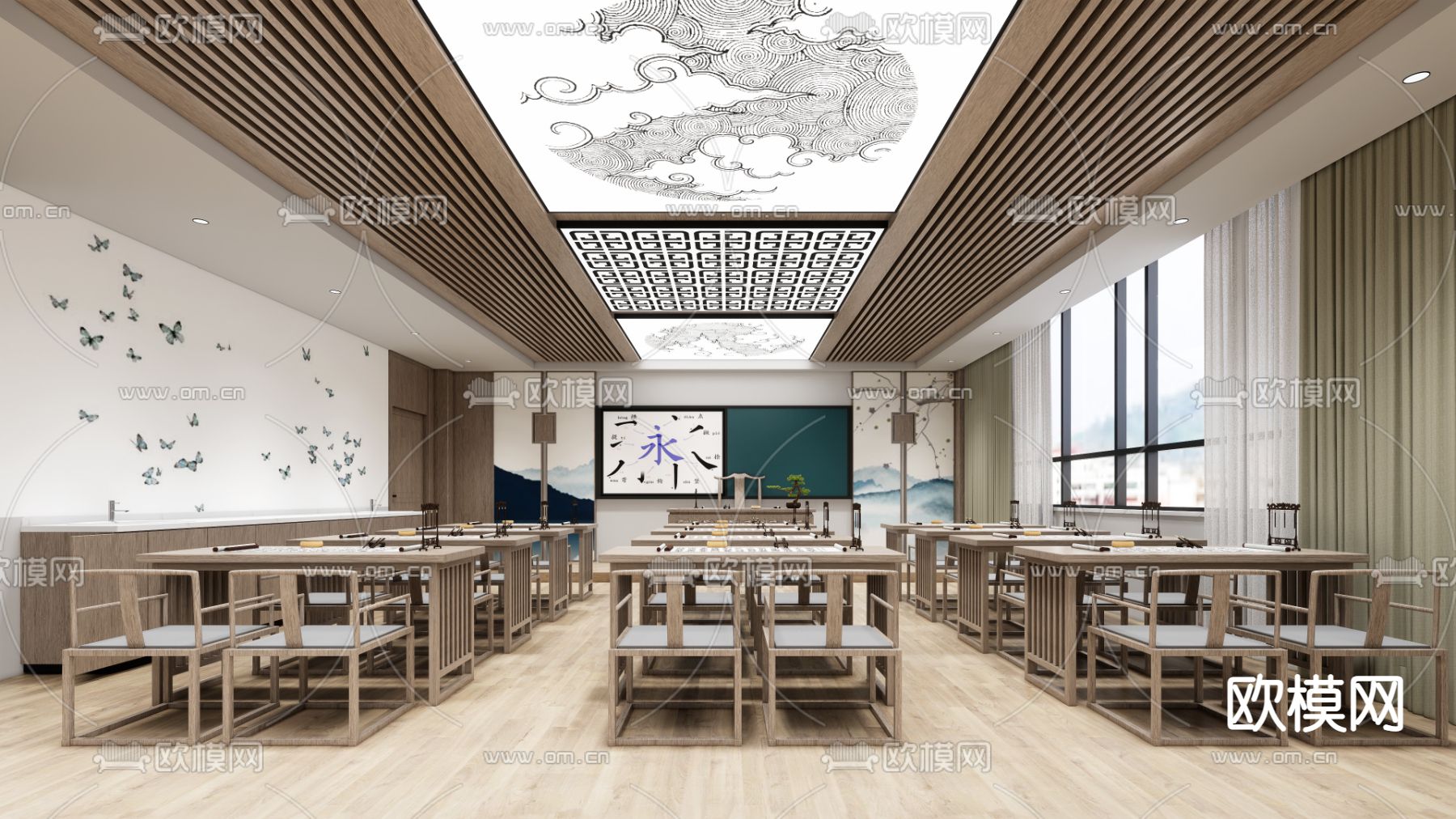 新中式书法教室su模型下载（渲染图1）