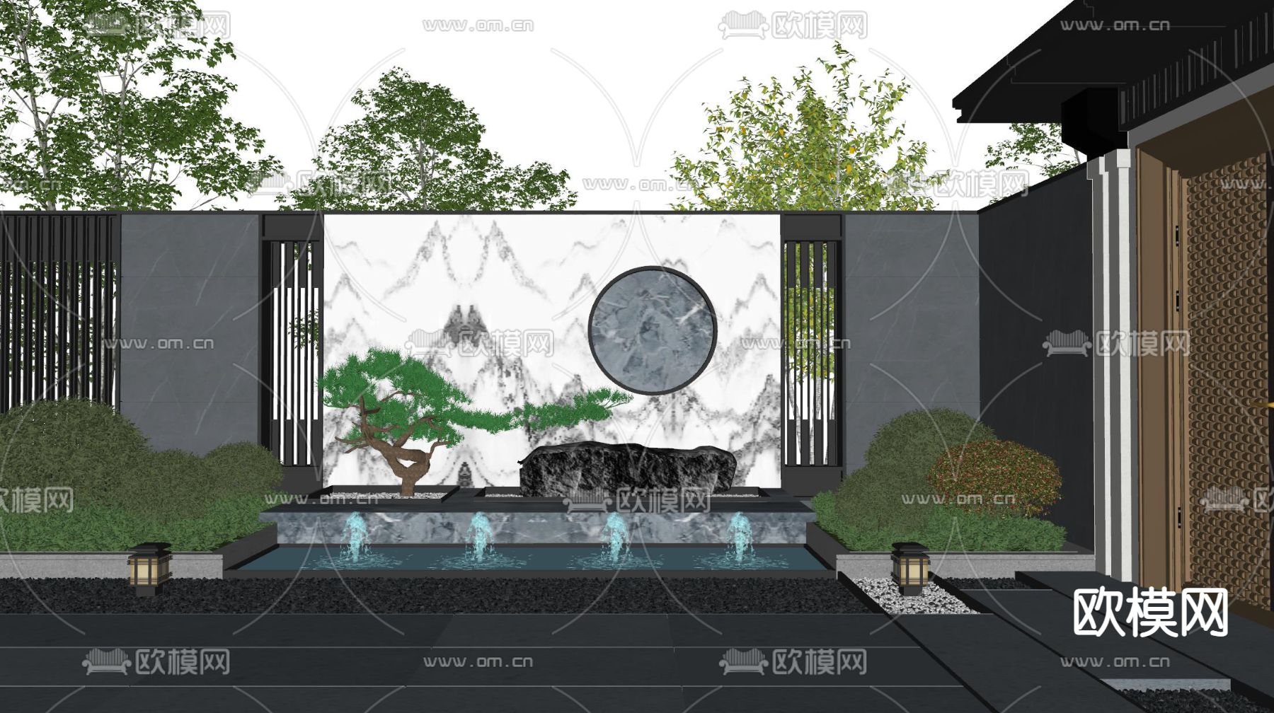 新中式庭院景观su模型下载（渲染图2）