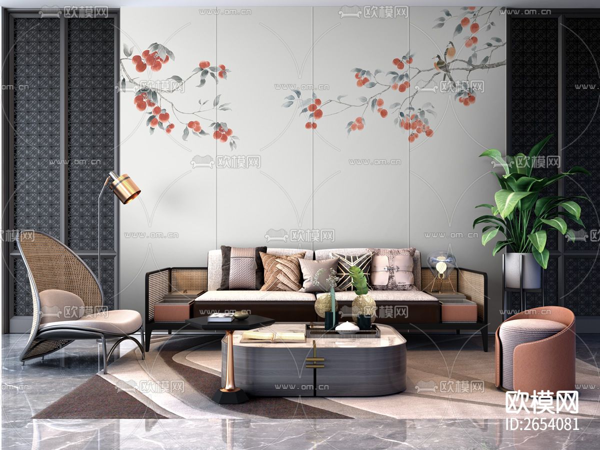 新中式 花鸟 果实 树枝壁纸下载（渲染图5）