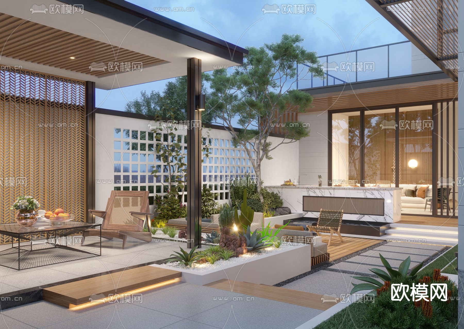 现代庭院景观su模型下载（渲染图3）