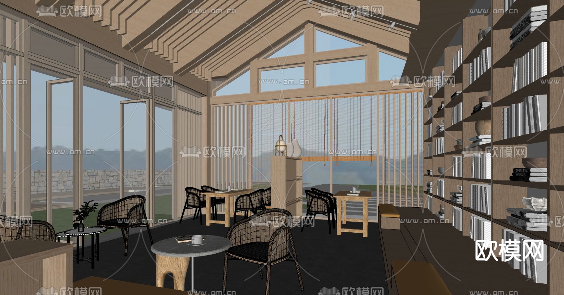 新中式图书馆 书店su模型下载（渲染图4）