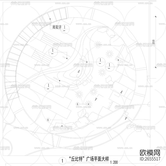 廣場(chǎng)花架cad施工圖下載(渲染圖2)