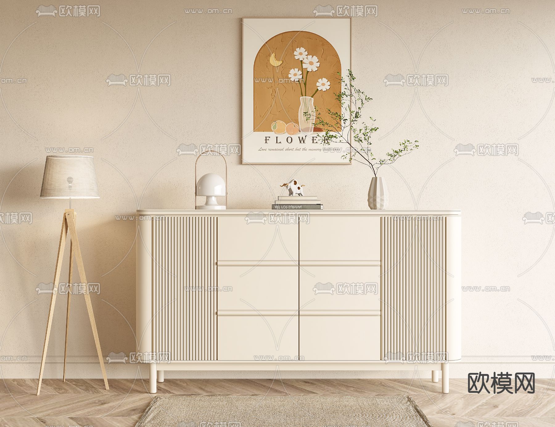 奶油风装饰柜su模型下载（渲染图1）