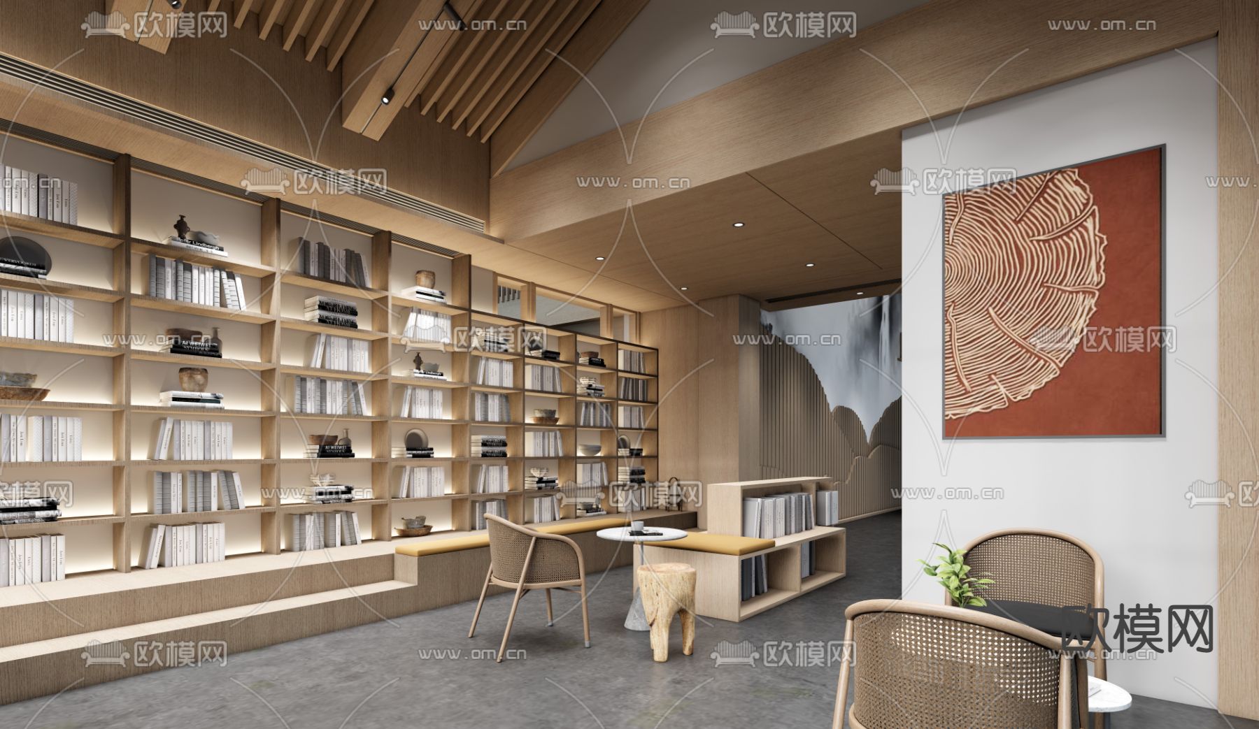 新中式图书馆 书店su模型下载（渲染图1）