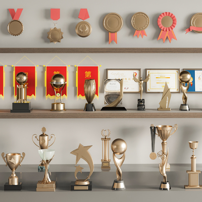  奖杯 奖牌 荣誉证书su模型 