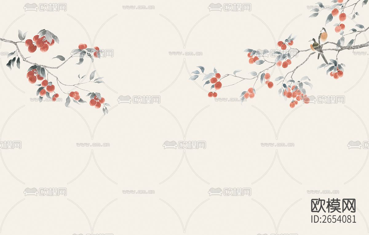 新中式 花鸟 果实 树枝壁纸下载（渲染图3）