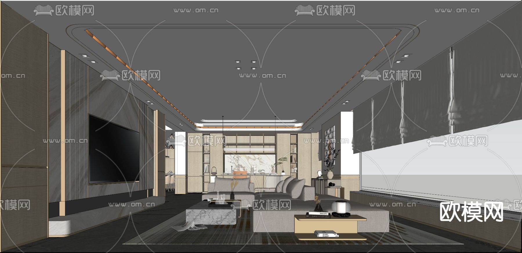 现代轻奢客餐厅su模型下载（渲染图2）