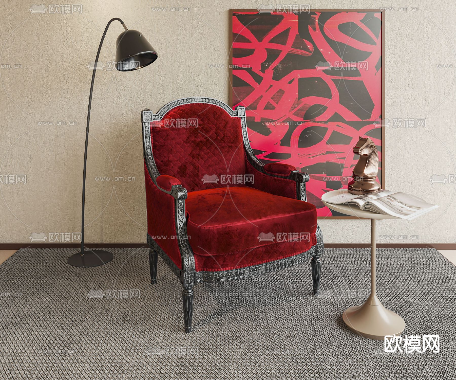 简欧单人沙发su模型下载（渲染图1）