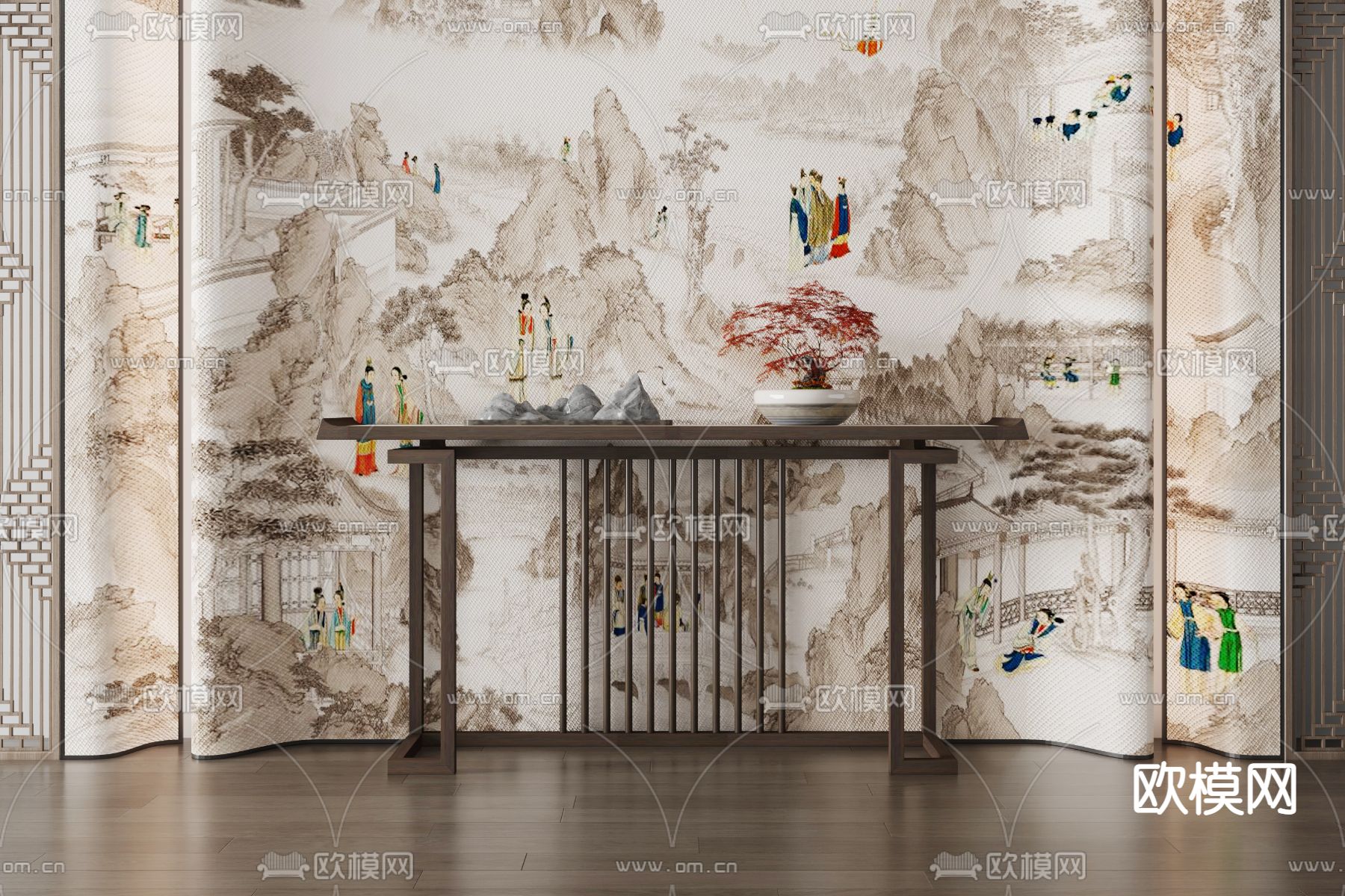 新中式端景 条案3d模型下载