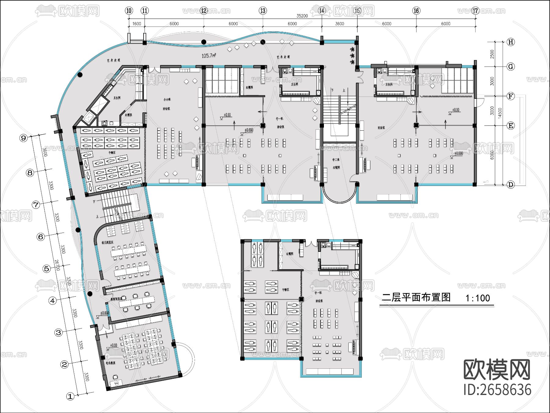 幼儿园平面CAD施工图下载（渲染图2）