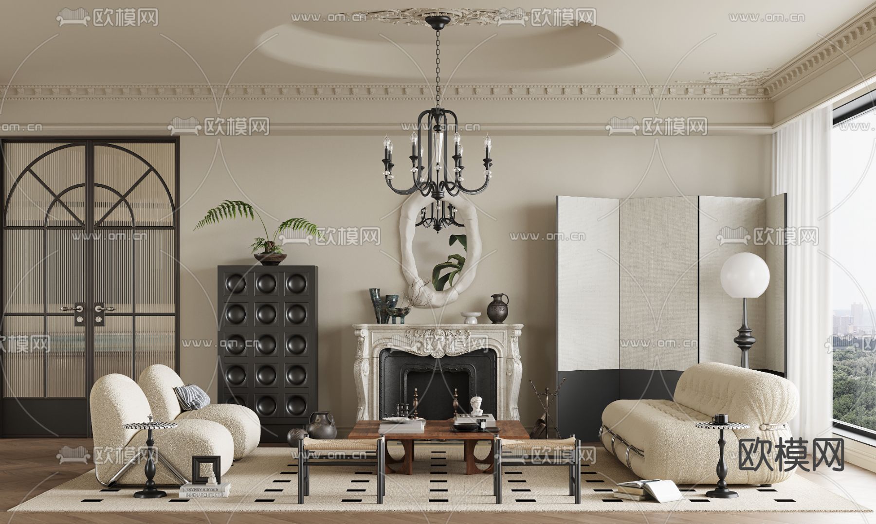 法式客厅3d模型下载（渲染图1）