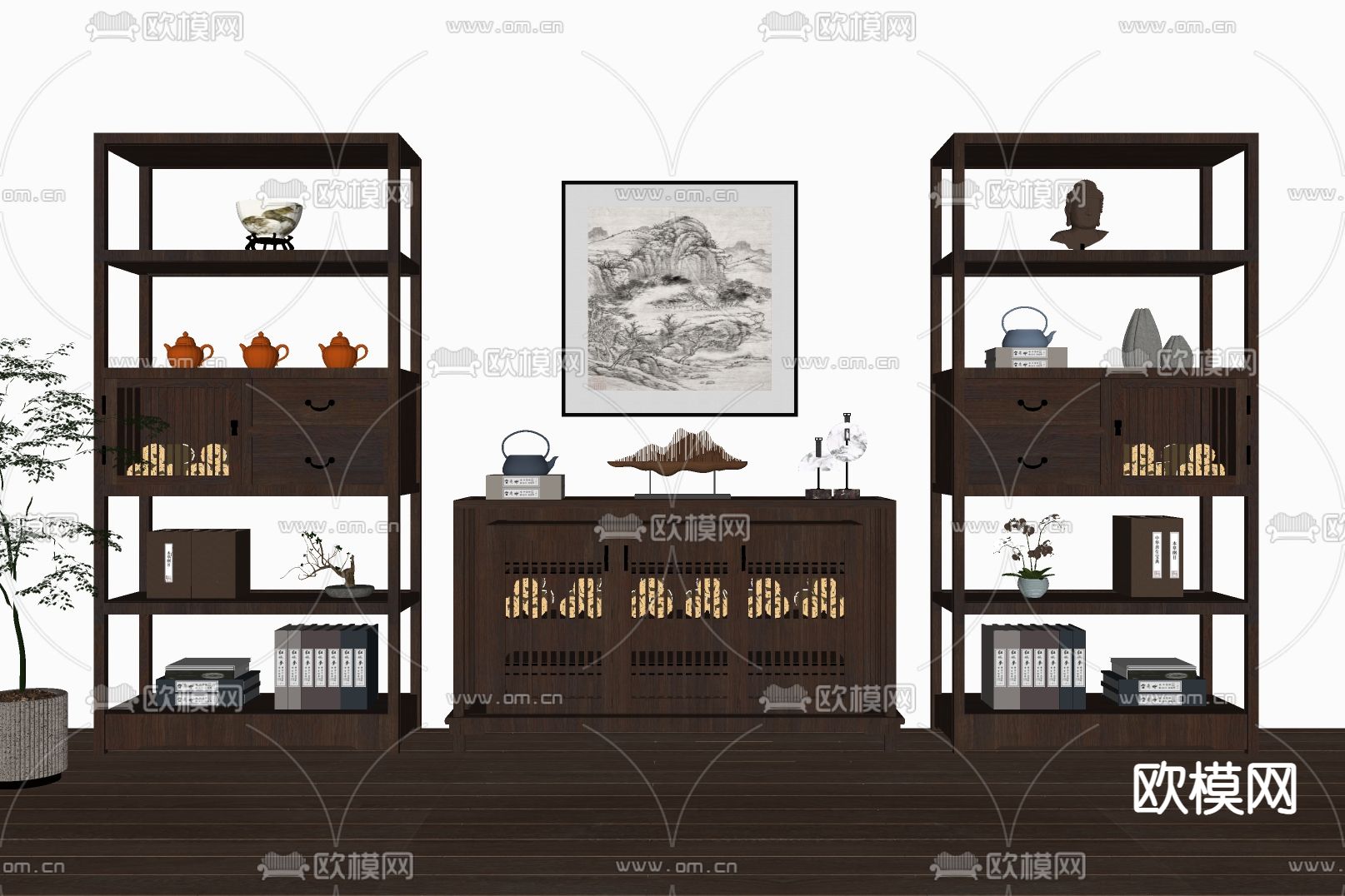 新中式博古架 装饰柜su模型下载（渲染图2）