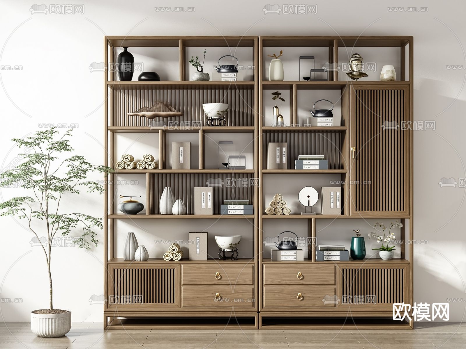 新中式实木博古架su模型下载（渲染图1）