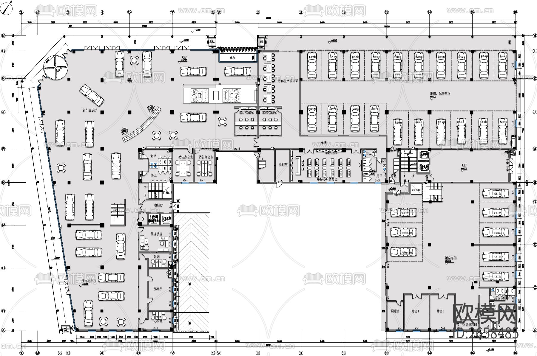 4s汽车店平面布置cad施工图-免费3dmax模型库-欧模网