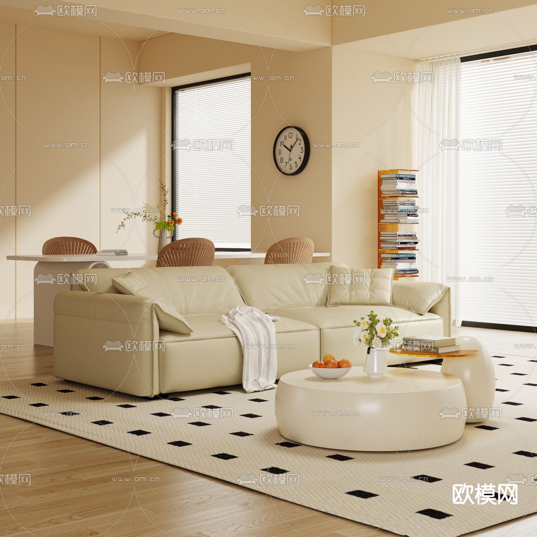 奶油风多人沙发3d模型下载