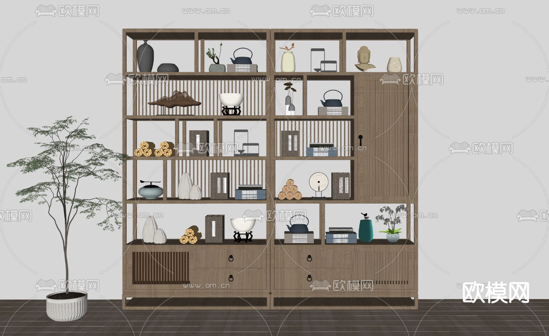 新中式实木博古架su模型下载（渲染图2）