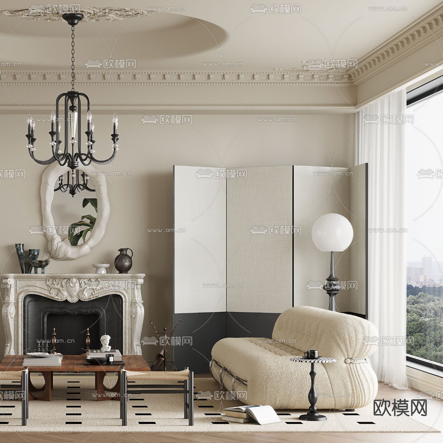 法式客厅3d模型下载（渲染图2）