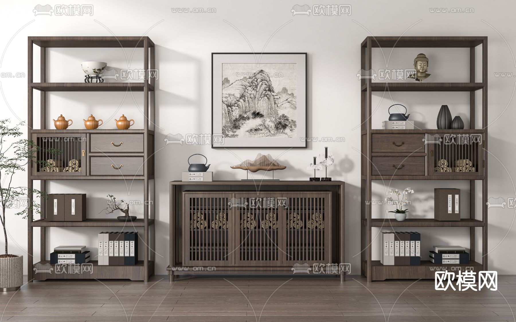 新中式博古架 装饰柜su模型下载（渲染图1）