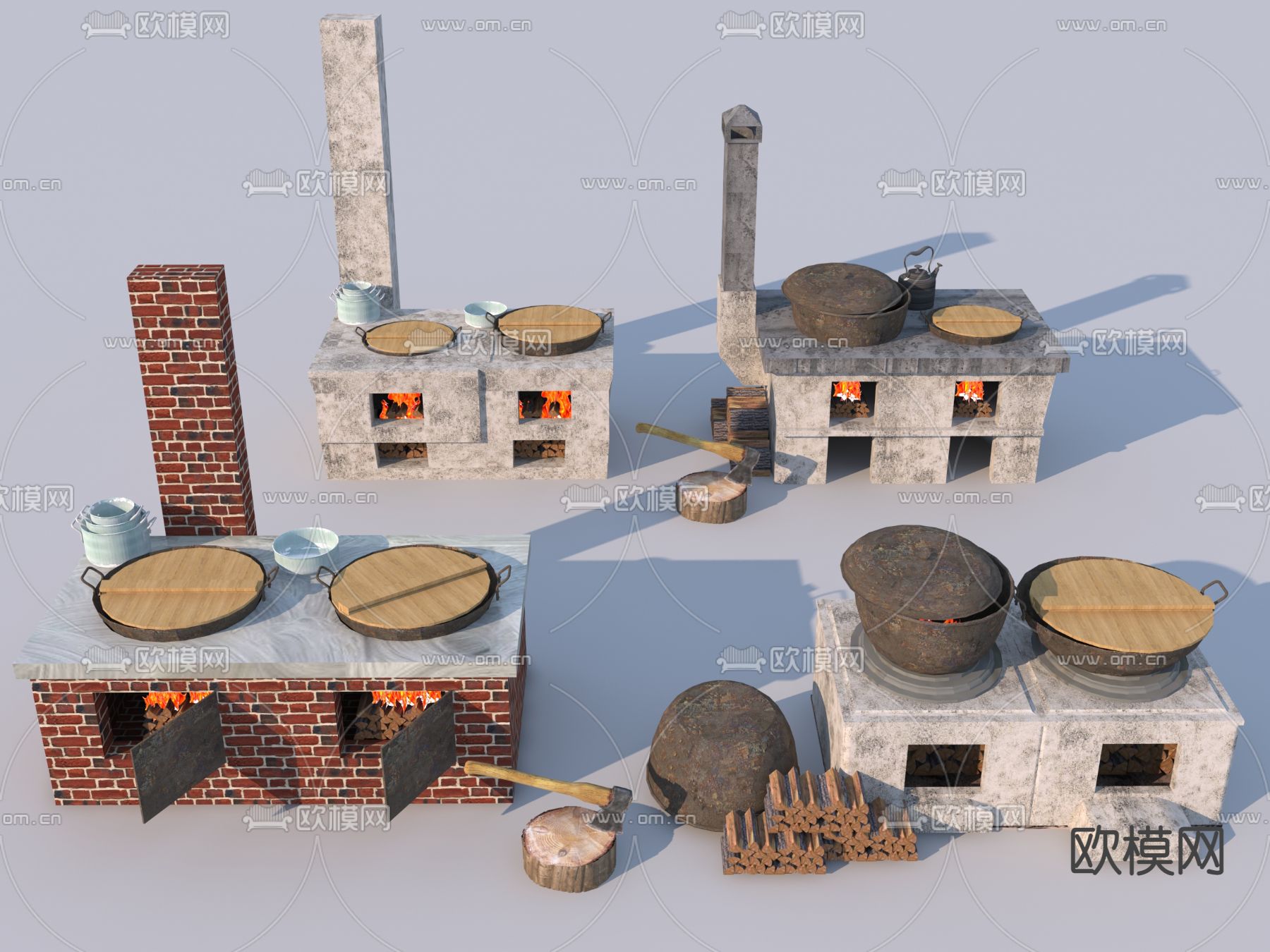 农村灶台 斧头 木柴3d模型下载